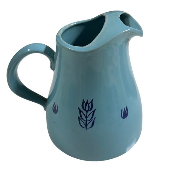 Vintage Cronin Pottery Blue Ball Pitcher Tulips with Ice Lid 7" Good Condition - Picture 1 of 8